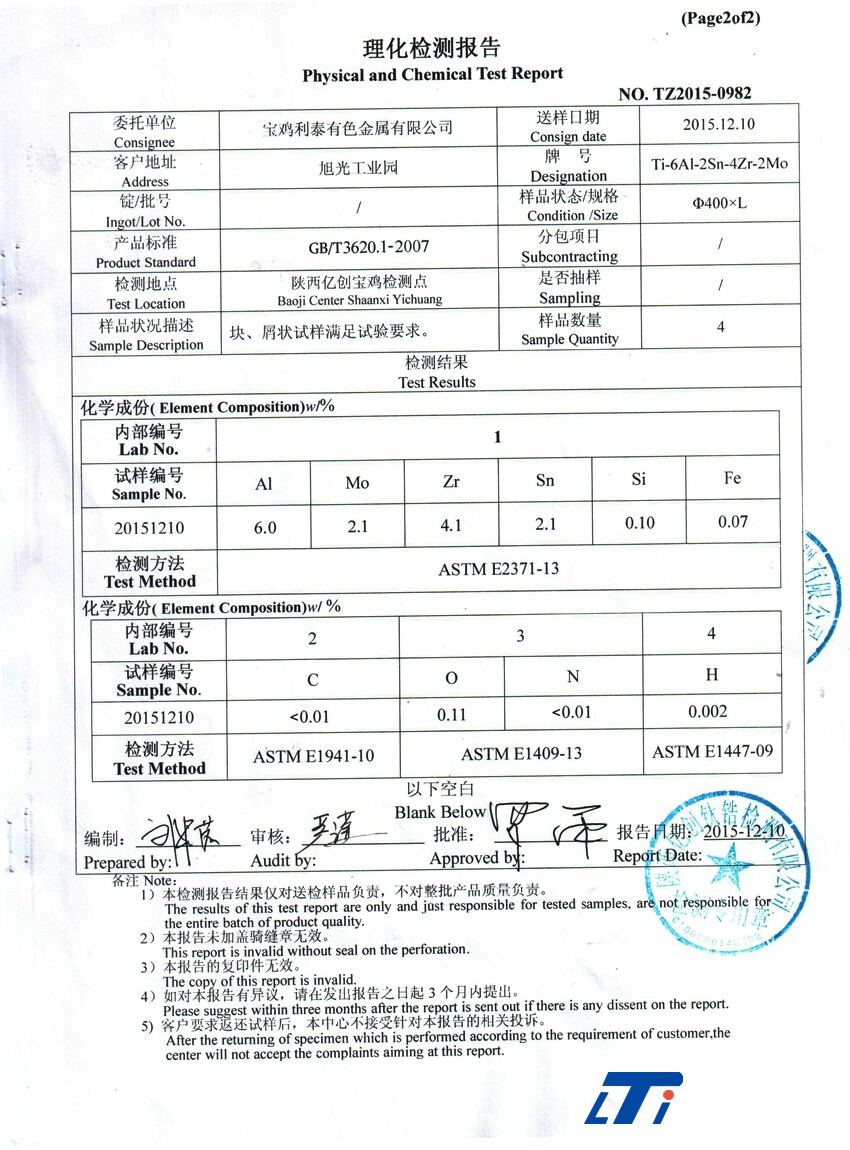 钛合金质量检测汇报